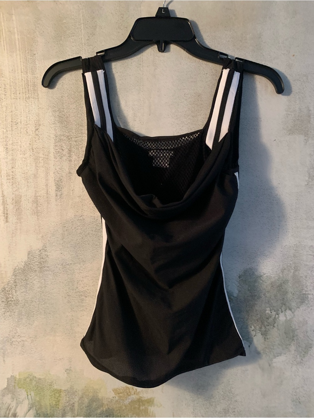 Sharagano Black Tank Top &White Stripes on Sides and Strap Cowl Neck Mesh Liner